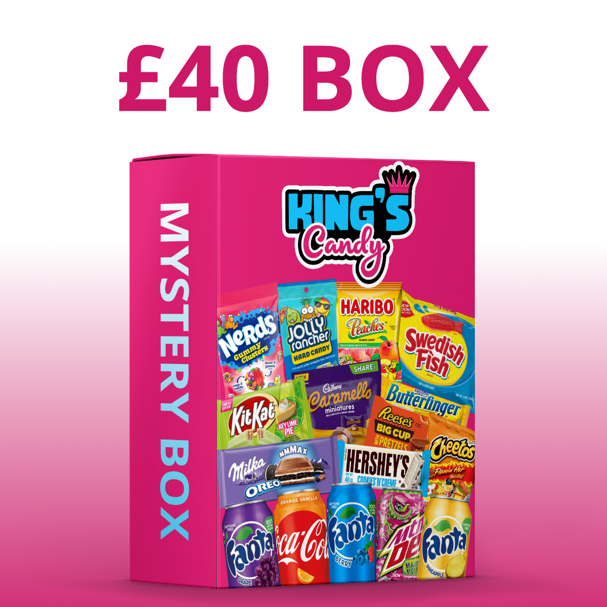 Front of £40 Mystery Box featuring a vibrant pink design, various candies, and snacks from brands like King's Candy, KitKat, and Haribo.