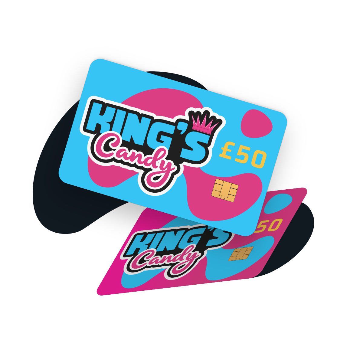 Front of King's Candy Gift Card featuring a vibrant blue and pink design showcasing the logo and £50 value.