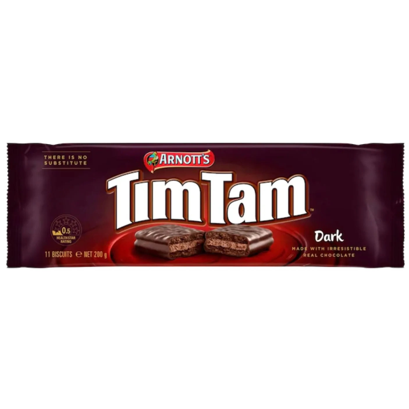 Front of Arnotts Tim Tam Dark Chocolate pack featuring logo, dark chocolate flavour label, and image of two chocolate biscuits (200g pack)