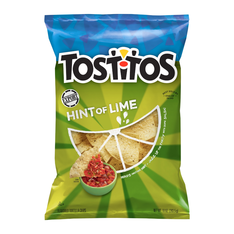 Front of Tostitos Hint Of Lime Tortilla Chips pack showing crisp chips, zesty lime flavour label, and serving suggestion with salsa (283.5g pack)