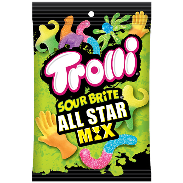 Front of Trolli Sour Brite All Star Mix bag showing colourful candy shapes, bold logo, and the package size of 120g.