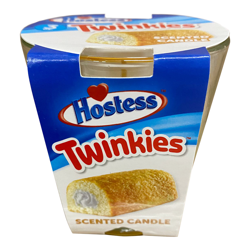 Front of Hostess Twinkies Scented Candle showing the logo, display of the Twinkies treat, and packaging details (90g)
