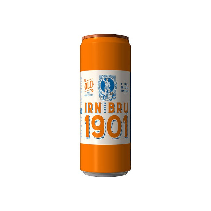 Front of Irn-Bru 1901 can featuring the brand logo and vibrant orange design, 330ml pack size displayed clearly.