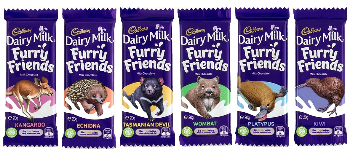 Front of Cadbury Dairy Milk Furry Friends (20g) showing milk chocolate packaging with various animal shapes and vibrant colours.