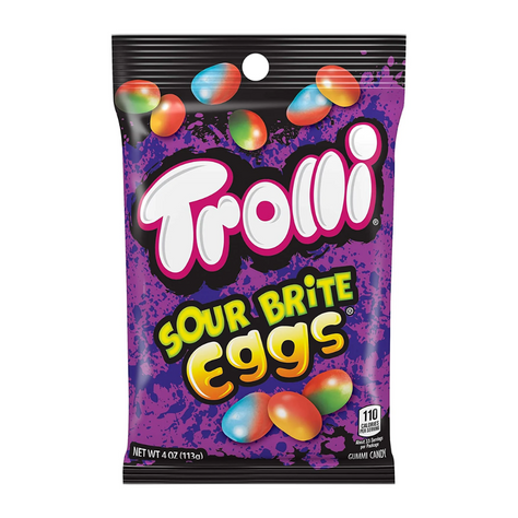 Front of a purple bag of Trolli Sour Brite Eggs showing the logo, brightly coloured egg-shaped gummy candies, and 113g pack size.