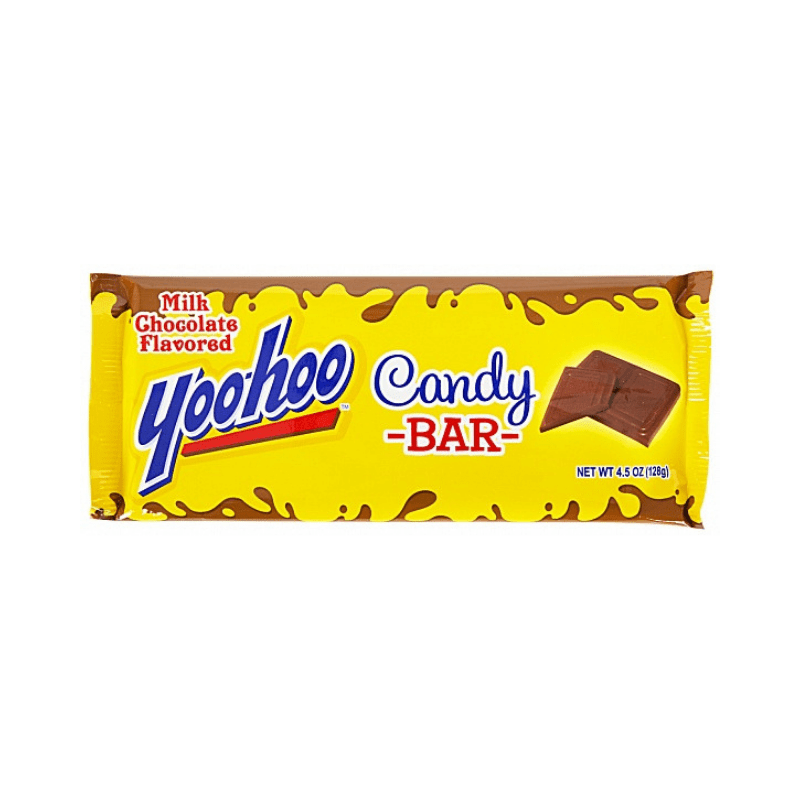 Front of Yoo Hoo Chocolate Candy Bar wrapper showing the Yoo Hoo logo and imagery of the chocolate candy bar (127g pack)