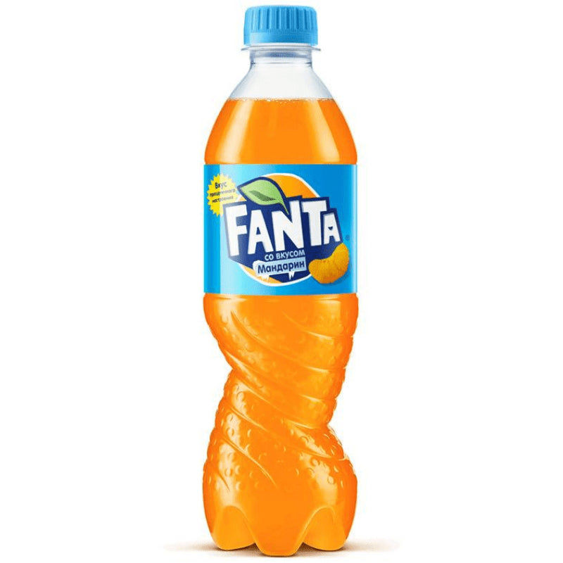 Front of Fanta Mandarin bottle displaying bold logo, mandarin flavour label, and vibrant orange drink (500ml pack)