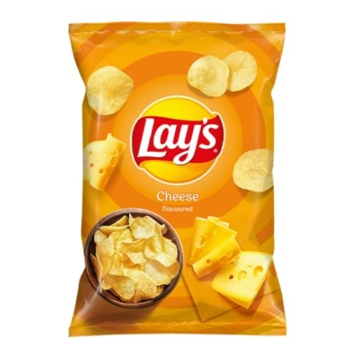 Front of Lay's Cheese bag featuring the logo, cheese flavour label, and images of crisps and cheese (130g pack)