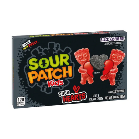 Front of Sour Patch Kids Black Raspberry Sour Hearts Theatre Box showing logo, black raspberry hearts and red sour hearts (87g pack)