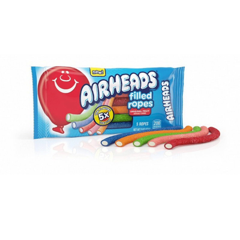 Front of Airheads Filled Ropes package featuring logo, colourful fruit candy ropes, and 57g pack size.