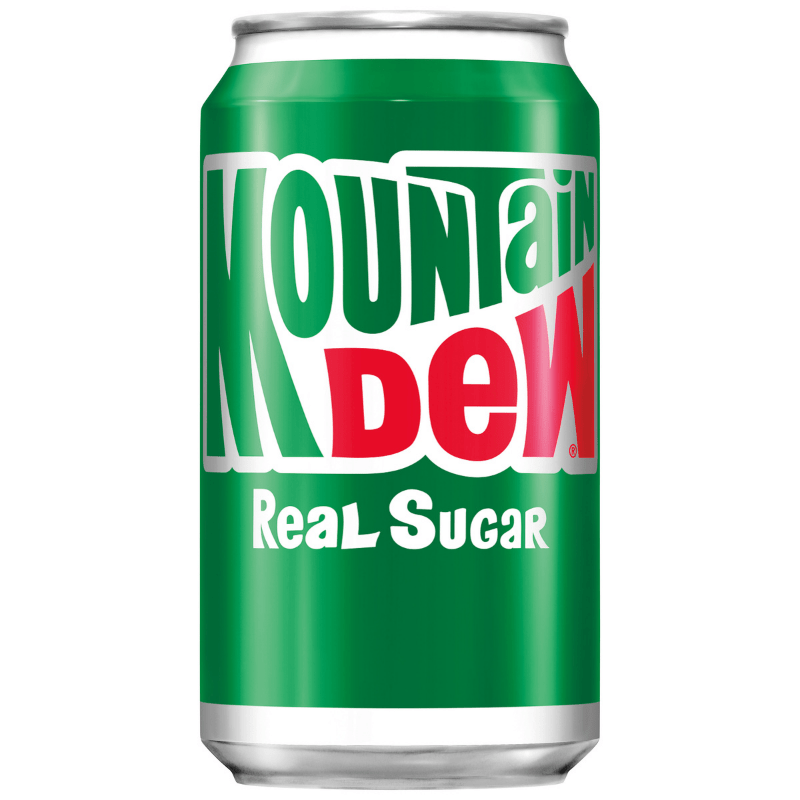 Front of Mountain Dew Real Sugar can featuring bright green design, bold logo, and product name (355ml).