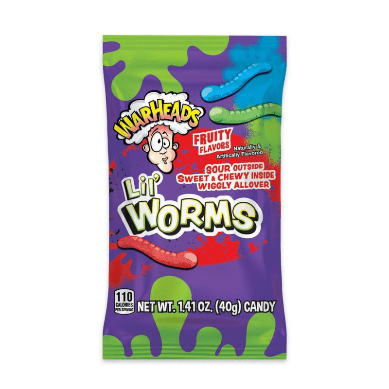 Front of Warheads Lil' Worms bag showing colourful design with fruity flavours label, sour and sweet description, and 40g pack size