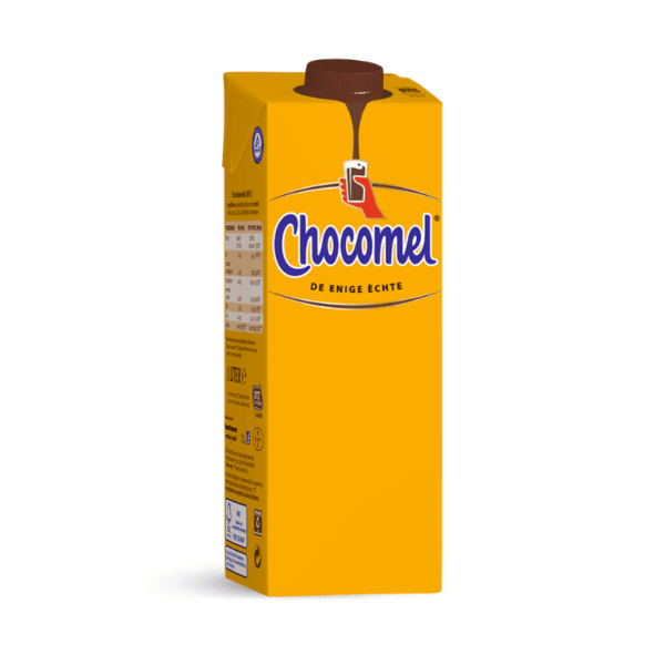 Front of Chocomel Carton 1 Litre showing rich yellow packaging, logo, and carton design with a chocolate drink image