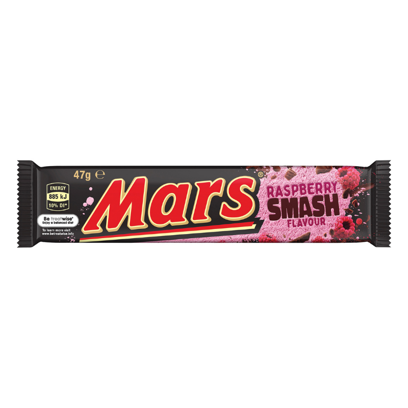 Front of Mars Raspberry Smash bar featuring red and black packaging, vibrant raspberry flavour text, and the Mars logo (47g pack)