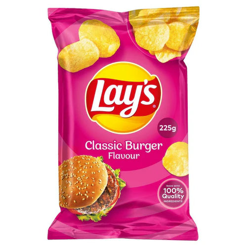 Front of Lay's Classic Burger 40g bag featuring the Lay's logo, classic burger flavour, and crispy chips.