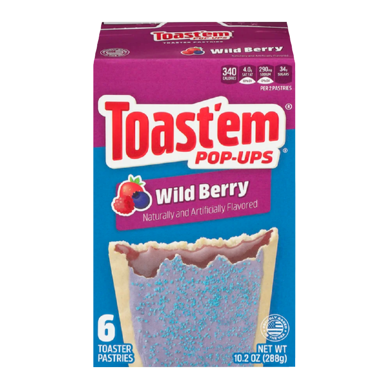 Front of Toast'em Pop Ups Frosted Wild Berry box showing logo, wild berry flavour label, frosted toaster pastries, and 288g pack size.