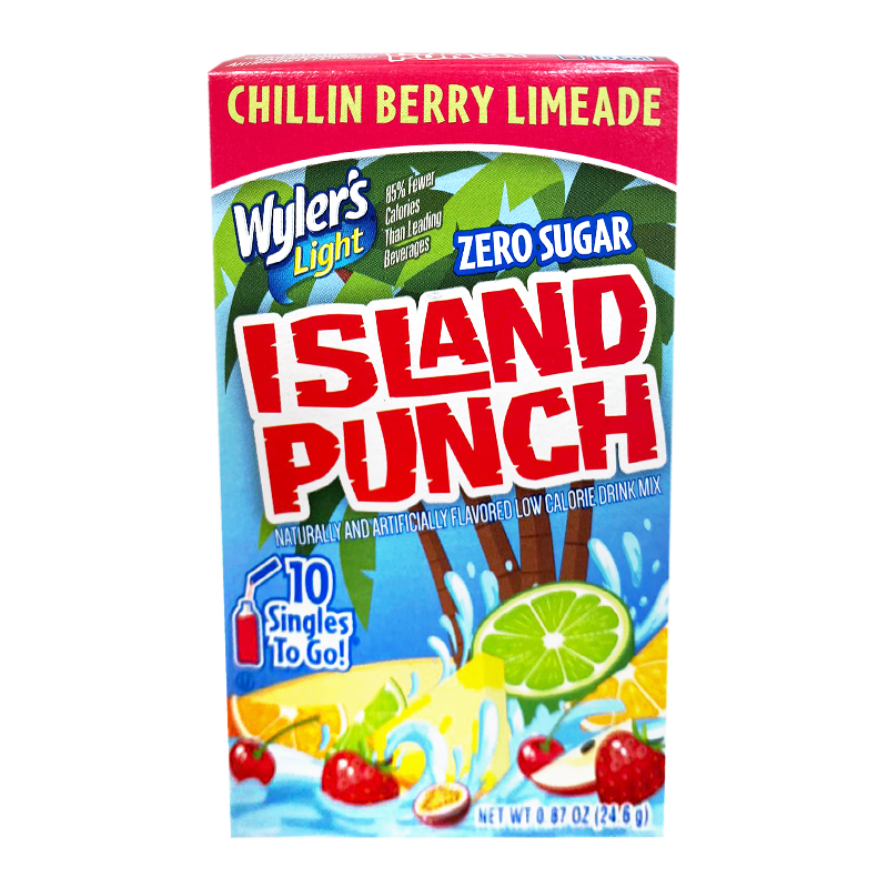 Front of Wyler's Island Punch Chillin Berry Limeade packet showing logo, Chillin Berry Limeade flavour text, and details for Singles To Go (24.6g pack)