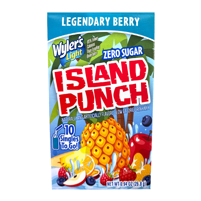 Front of Wyler's Island Punch Legendary Berry Singles To Go pack showing bright design, berry fruit illustrations, and pack size of 26.8g with 10 servings.