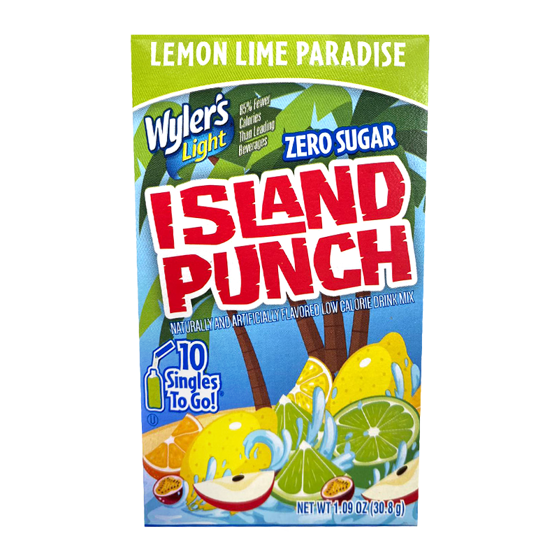 Front of Wyler's Island Punch Lemon Lime Paradise Singles To Go packaging showing bright lemons and limes, with zero sugar and 10 singles to go (30.8g)