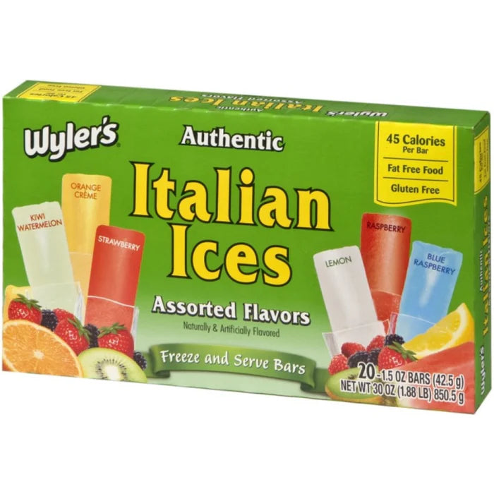 Front of Wyler's Italian Ices Freezer Pops box showing assorted flavours with a bright green background and 20 pack size (850g)