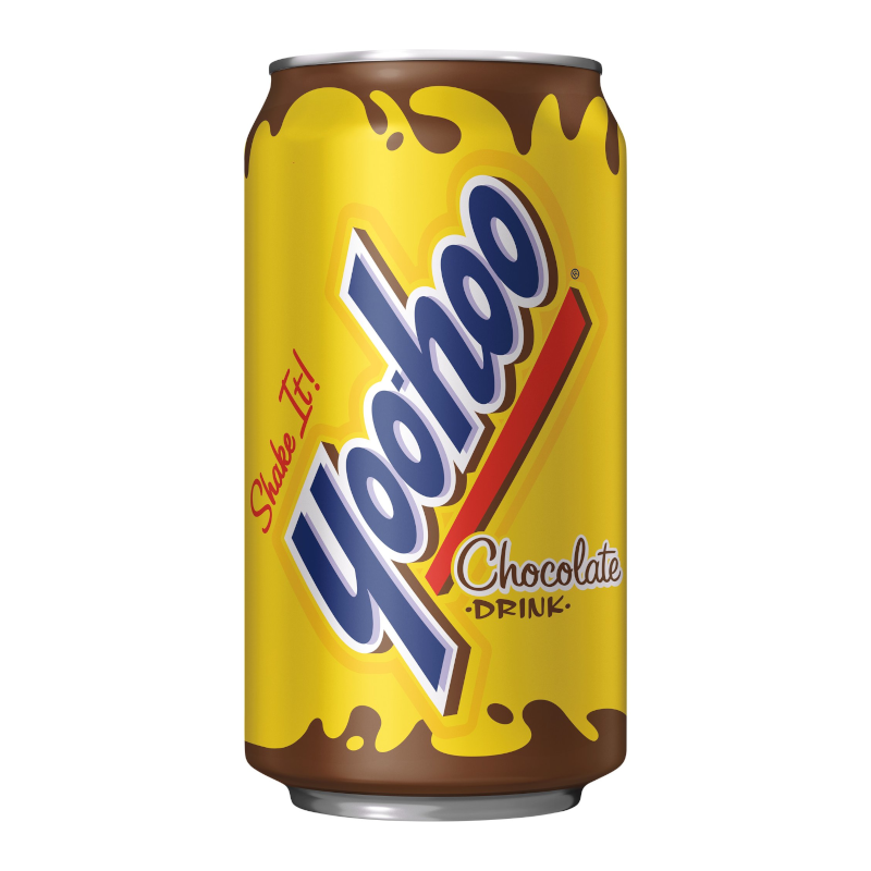 Front of Yoo-hoo Chocolate Drink can featuring bold logo and yellow background with chocolate elements, 325ml pack size.