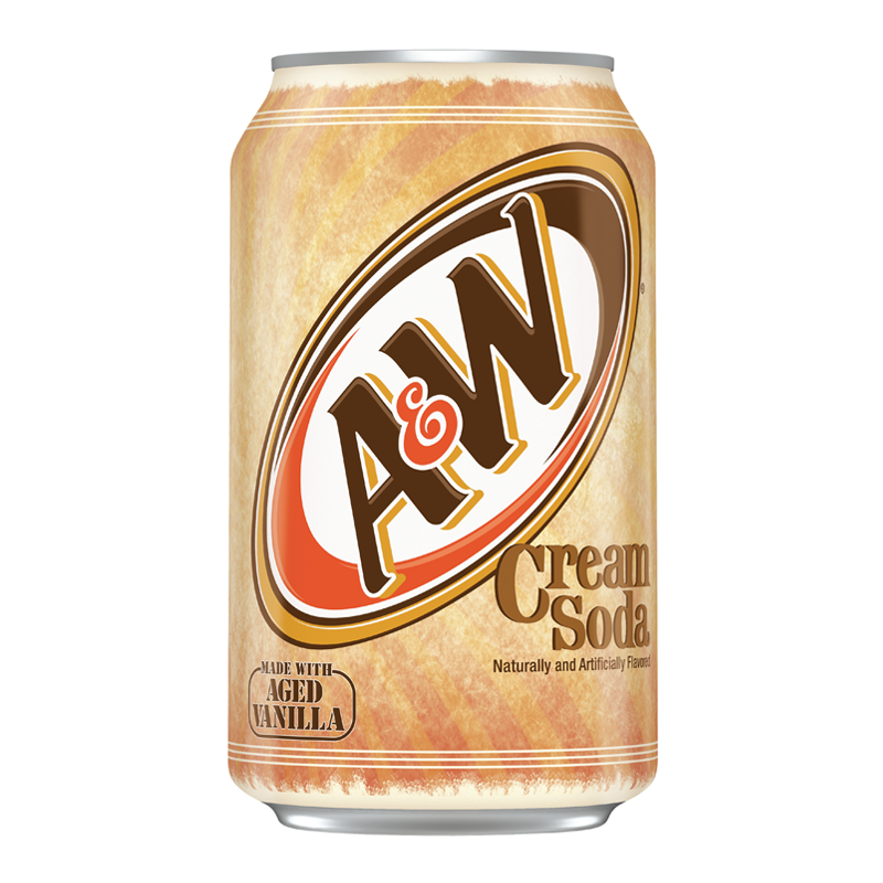 Front of A&W Cream Soda can featuring the logo, aged vanilla flavour text, and a design reflecting the sweet and creamy nature of the drink (355ml)