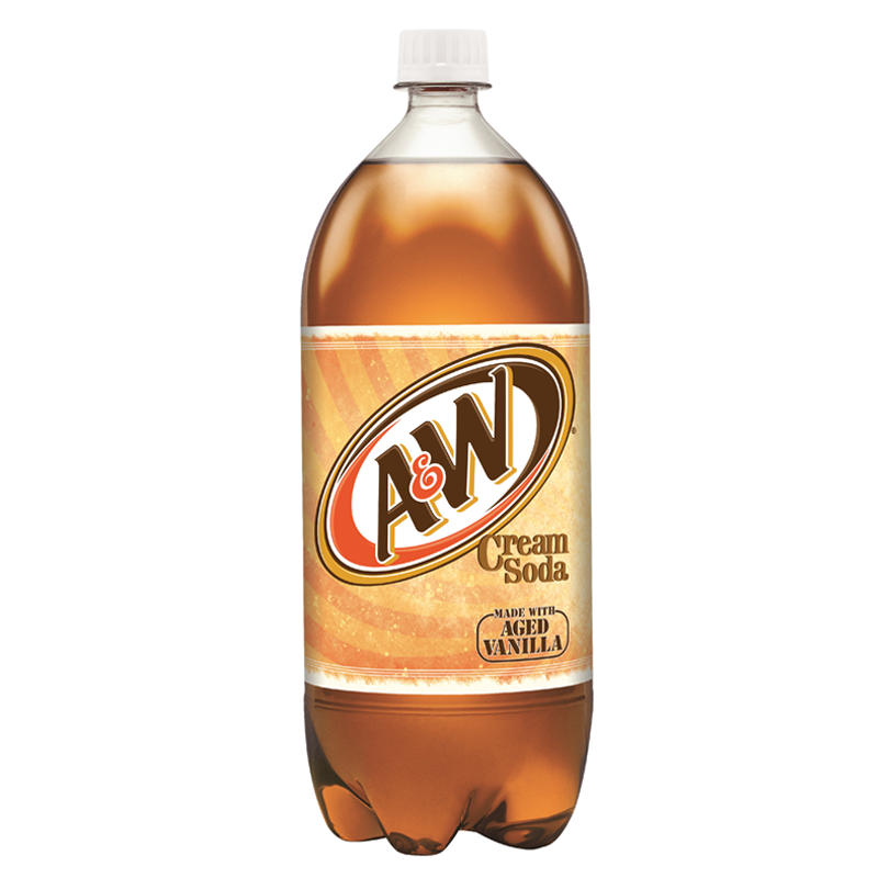 Front of A&W Cream Soda bottle displaying the logo, cream soda label, and 2 litre size.