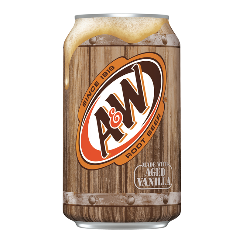Front of A&W Root Beer can featuring the logo, aged vanilla note, and wood-themed design (355ml pack)