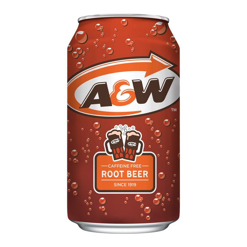 Front of A&W Root Beer can showing the logo, caffeine-free label, and a vibrant design (355ml)