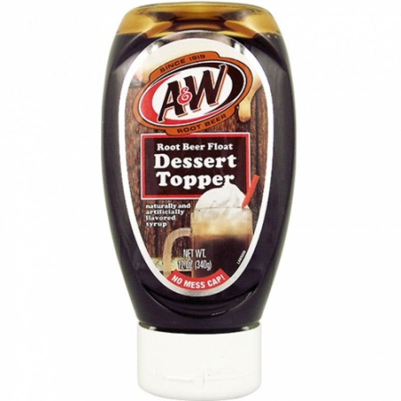 Front of A&W Root Beer Float Dessert Topper bottle featuring the logo, product name, and illustration of a root beer float (340g)