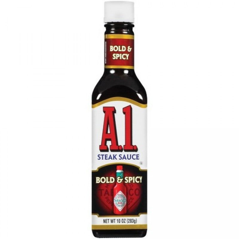 Front of A1 Bold & Spicy Steak Sauce bottle featuring the product name, flavour detail, and weight (283g).