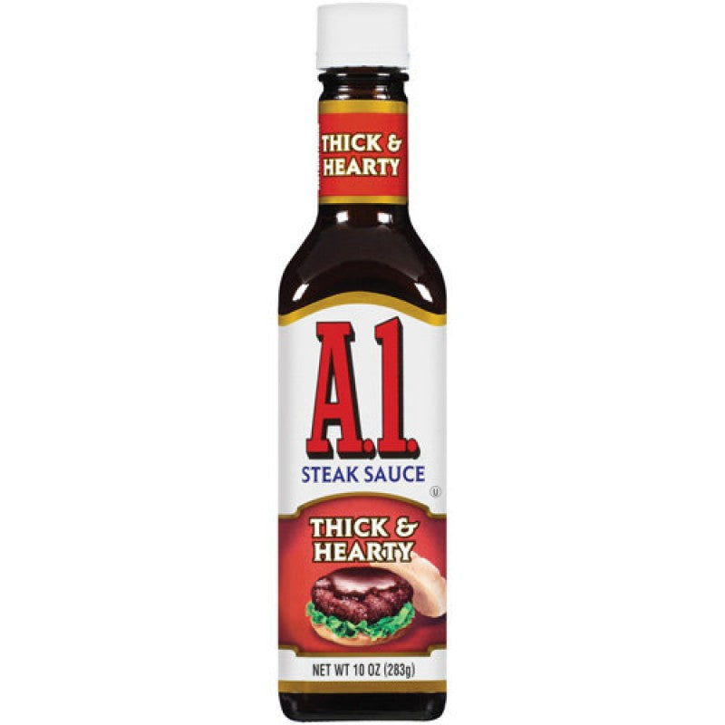 Front of A1 Thick & Hearty Steak Sauce bottle showing the logo, thick & hearty label, and image of a steak (283g pack)