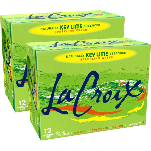 Front of La Croix Key Lime case showing vibrant yellow and green design, key lime flavour label, and 24 sparkling water cans (355ml x24)