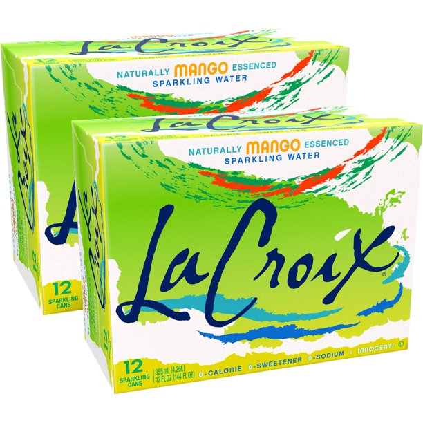Front of La Croix Mango Case showing brand logo, mango flavour label, and sparkling water format in a pack of 24 cans (355ml each)