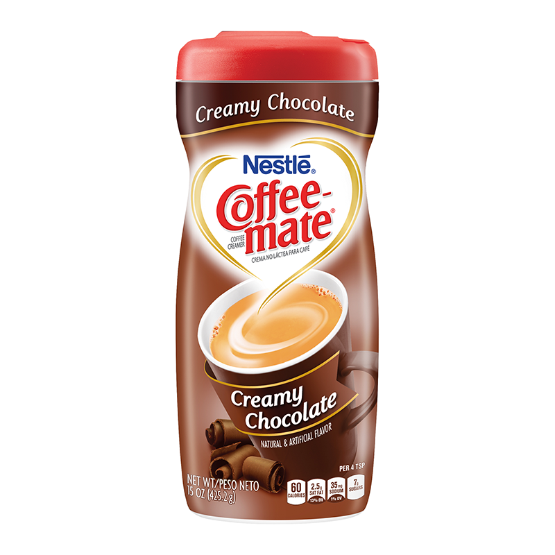 Front of Coffee-Mate Creamy Chocolate Powdered Creamer container showing brand logo, creamy chocolate flavour, and 425g pack size.