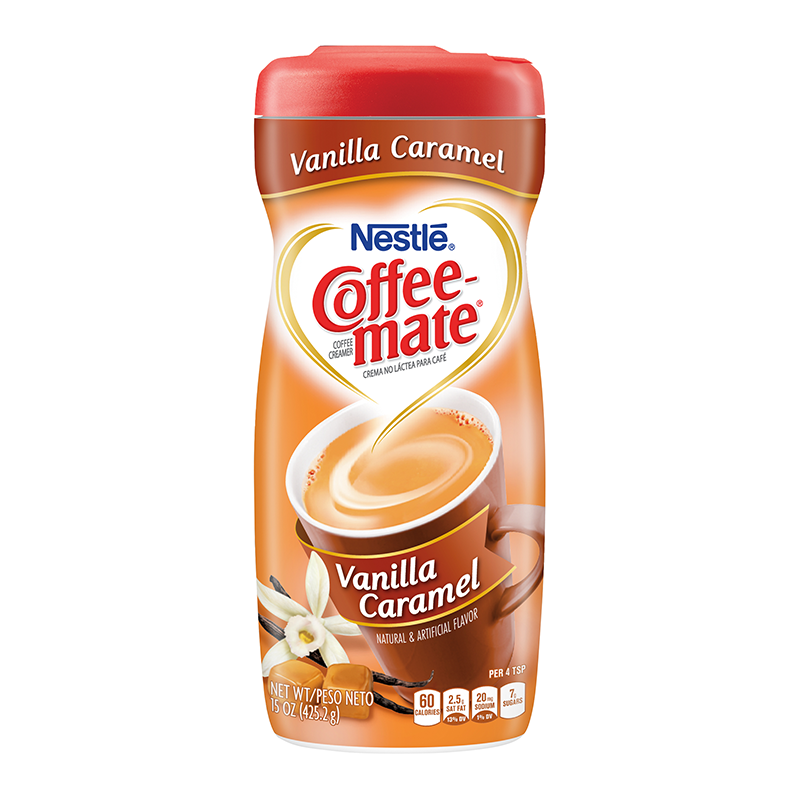 Front of Coffee-Mate Vanilla Caramel Powdered Creamer container showing logo, flavour details, and pack size (425g)