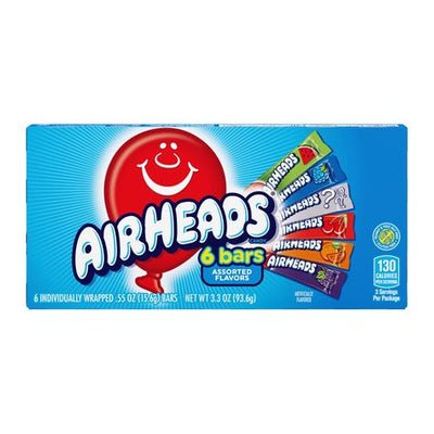 Front of Airheads 6 Bars Theatre Box showing assorted flavours, logo, and packaging details (94g pack)