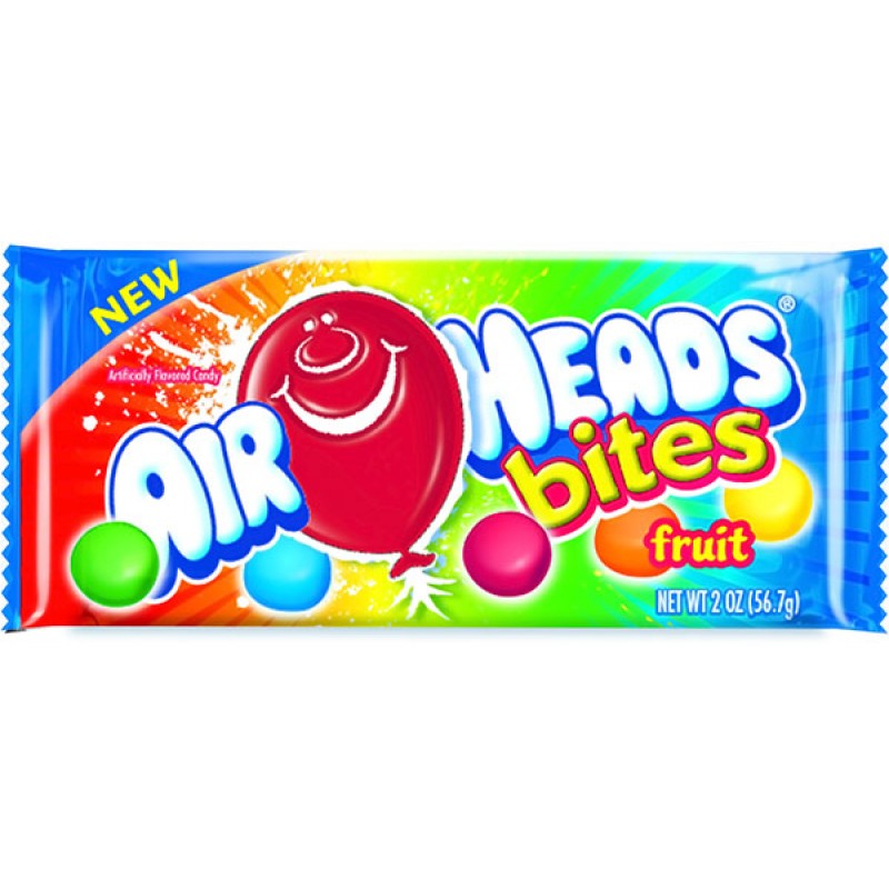 Front of Airheads Bites Fruit bag showing colourful packaging with fruit flavours and logo, 57g pack size.
