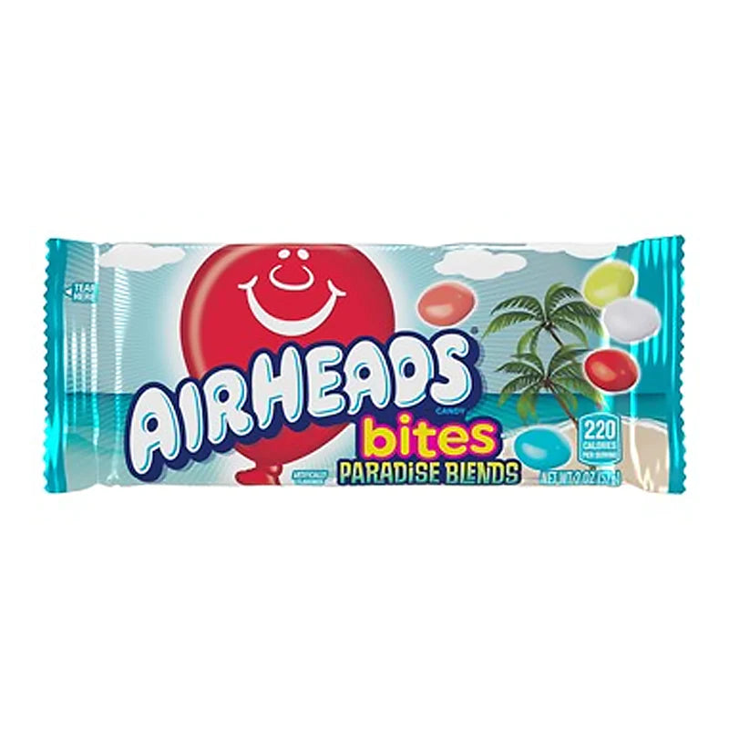 Front of Airheads Bites Paradise Blends (57g) bag showcasing vibrant fruity colours, brand logo, and fun tropical design.