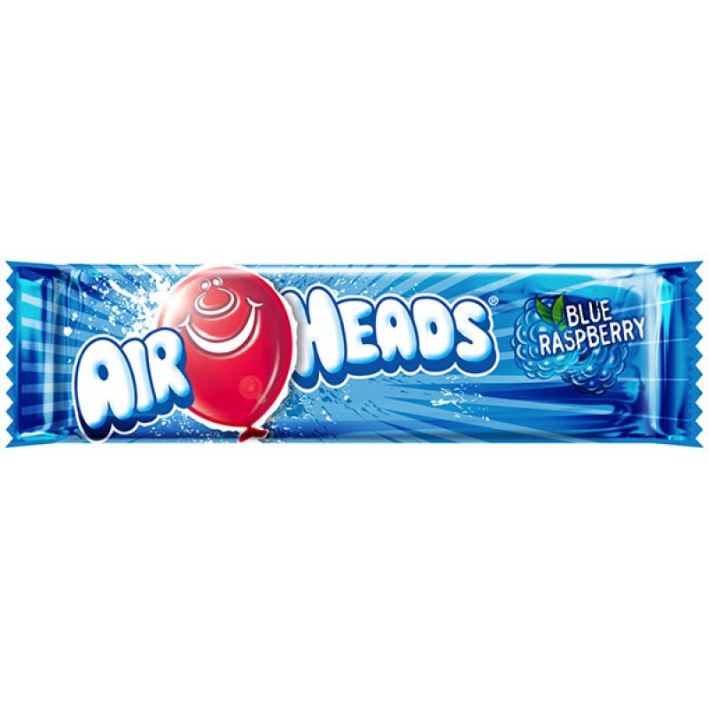 Front of Airheads Blue Raspberry candy wrapper showing the bold Airheads logo, blue raspberry flavour label, and colourful design (15.6g)