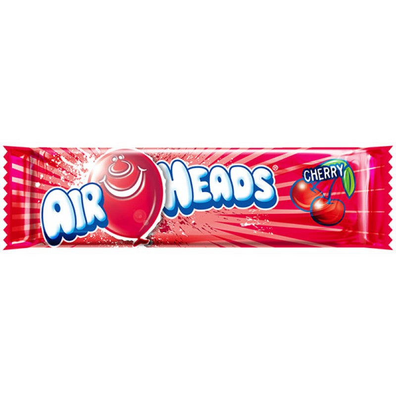 Front of Airheads Cherry candy wrapper displaying vibrant red colour, brand logo, cherry flavour indication, and 15.6g pack size.