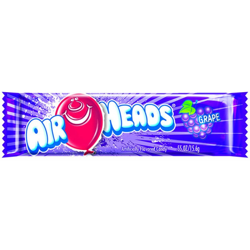 Front of Airheads Grape wrapper featuring the logo, colourful graphics, grape flavour label, and pack size (15.6g)