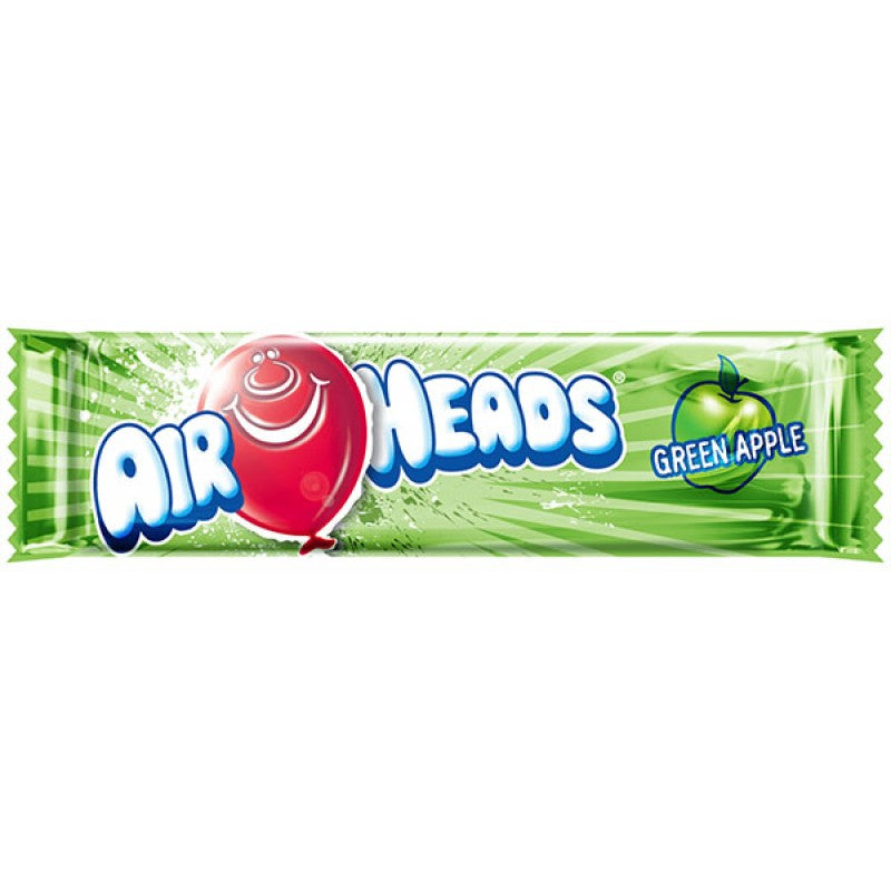 Front of Airheads Green Apple candy strip showing the bright green packaging, logo, and green apple imagery (15.6g pack)