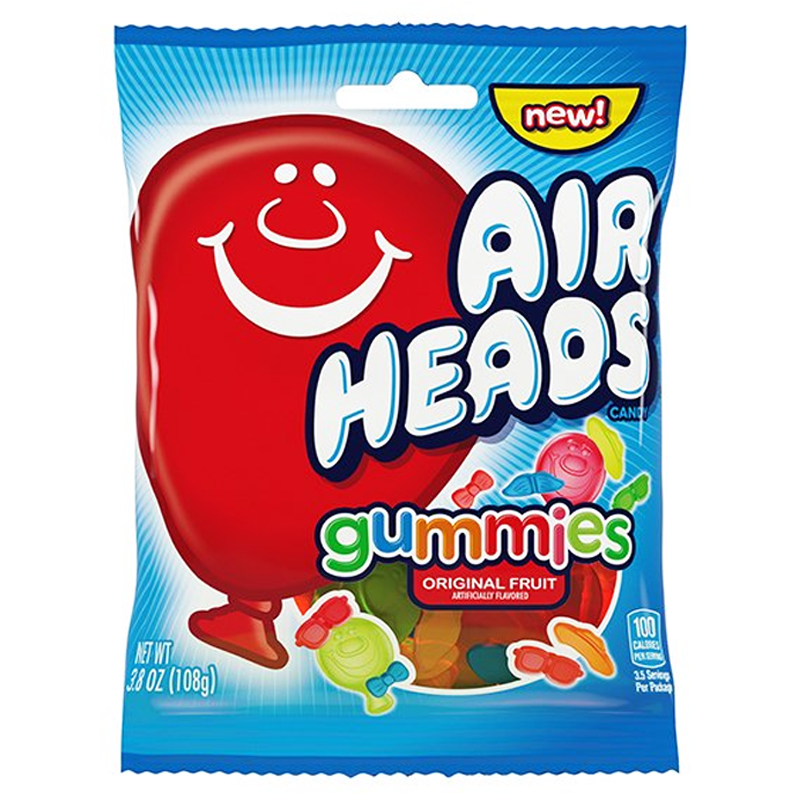 Front of Airheads Gummies bag featuring colourful gummy candies and the Airheads logo, showcasing original fruit flavours (108g pack)
