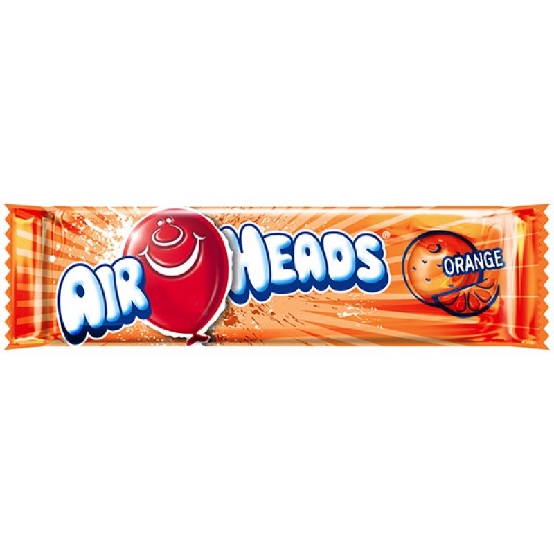 Front of Airheads Orange candy packaging showing vibrant orange background, logo, and orange fruit illustration (15.6g pack)