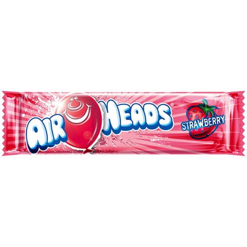 Front of Airheads Strawberry candy wrapper showing bold logo, vibrant pink design, and strawberry flavour label (15.6g pack)