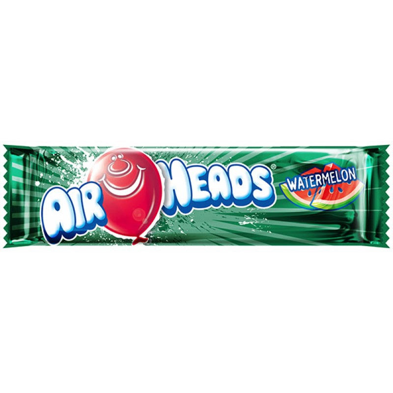 Front of Airheads Watermelon bar showing bright green packaging with logo and watermelon flavour graphics (15.6g).