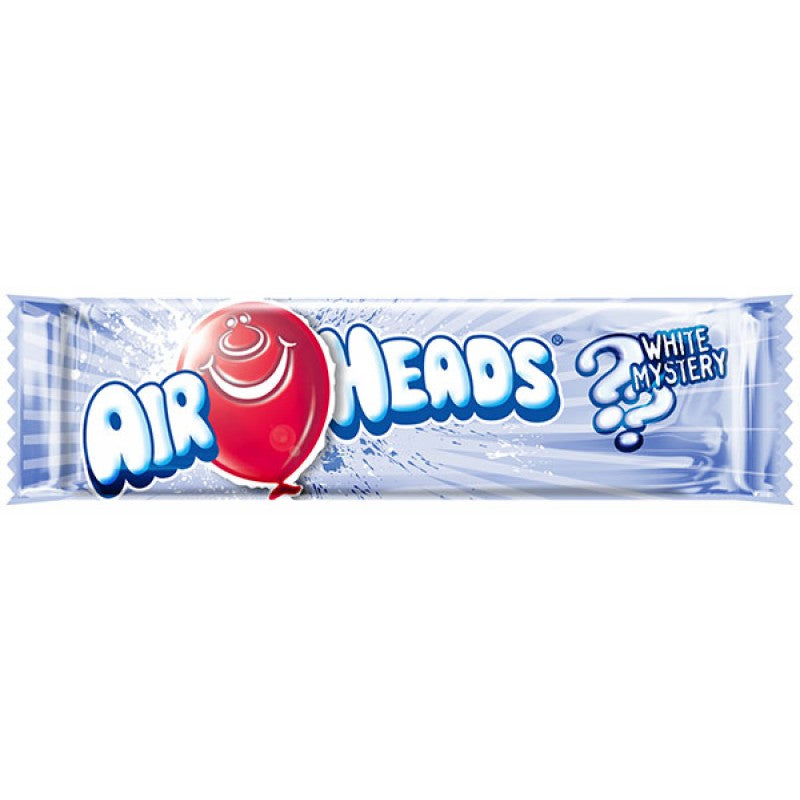 Front of Airheads White Mystery candy wrapper featuring the red balloon logo, the product name, and a whimsical design (15.6g)