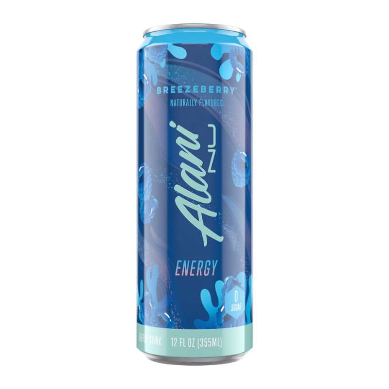 Front of Alani NU Energy Breezeberry can showing blue design, brand logo, and the 355ml pack size.