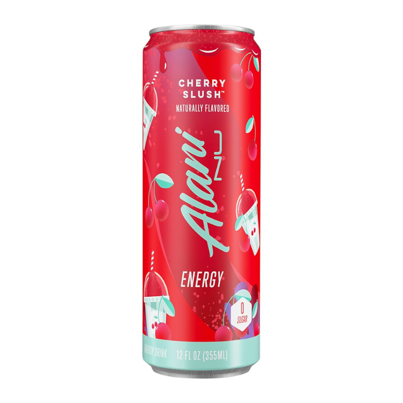 Front of Alani NU Energy Cherry Slush can showing vibrant red design, cherry slush flavour details, and 355ml quantity.